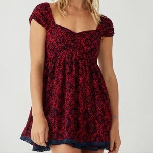 Free People Tabitha Mini Dress Sz Small - Red and Black Floral with Navy Trim